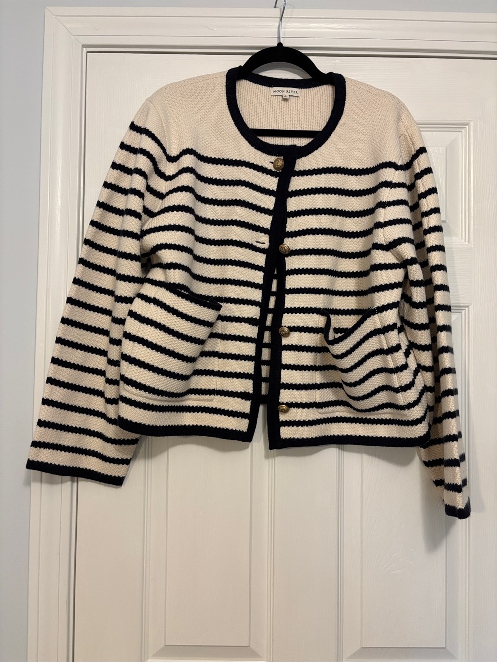Moon River Black & Cream Striped Knit Cardigan